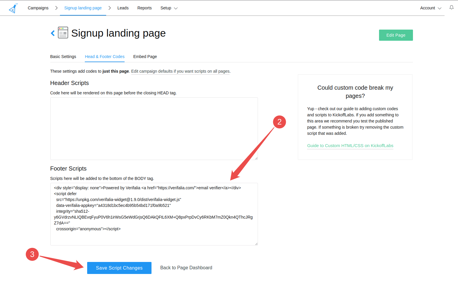 Embed the Verifalia email verification widget into your KickoffLabs landing page