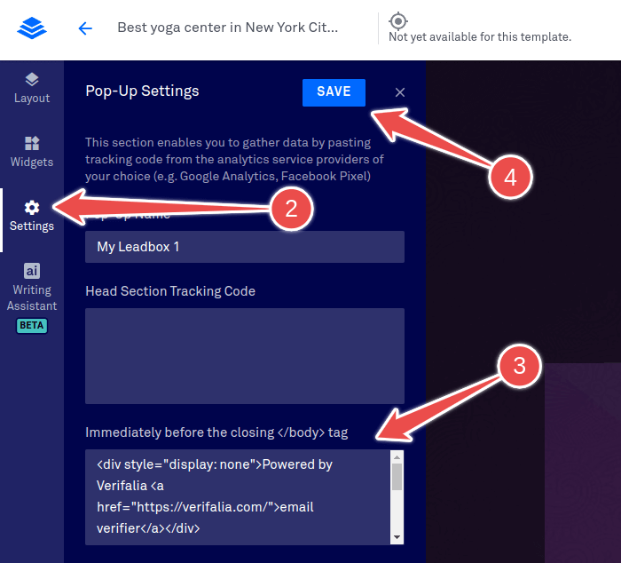 Steps required to embed the Verifalia widget into a Leadpages pop-up form