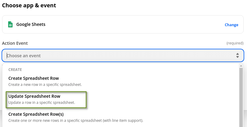 Choose Google Sheets, then Update Spreadsheet Row