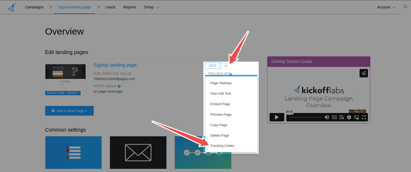 Open the Tracking Codes menu item from the KickoffLabs user interface
