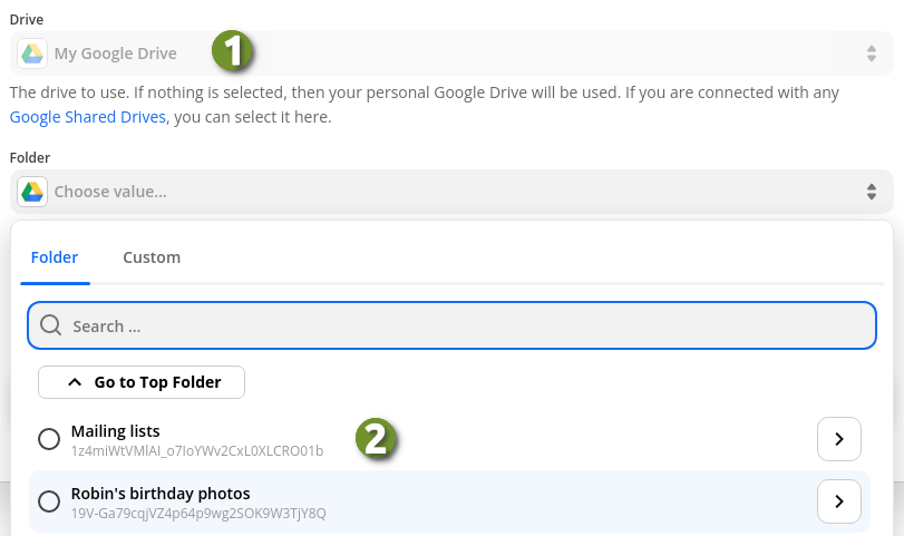 Choose Google Drive source folder