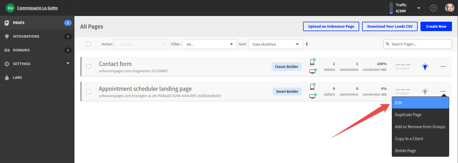 Open the landing page editor