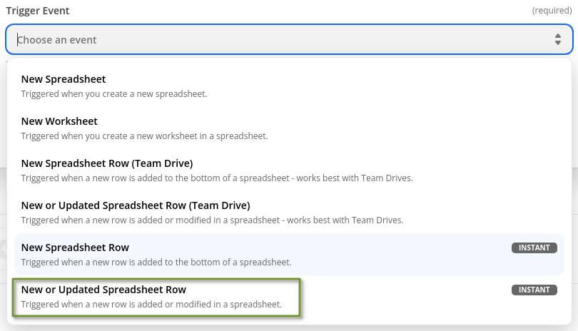google-sheets-trigger.png Choose New or Updated Spreadsheet Row