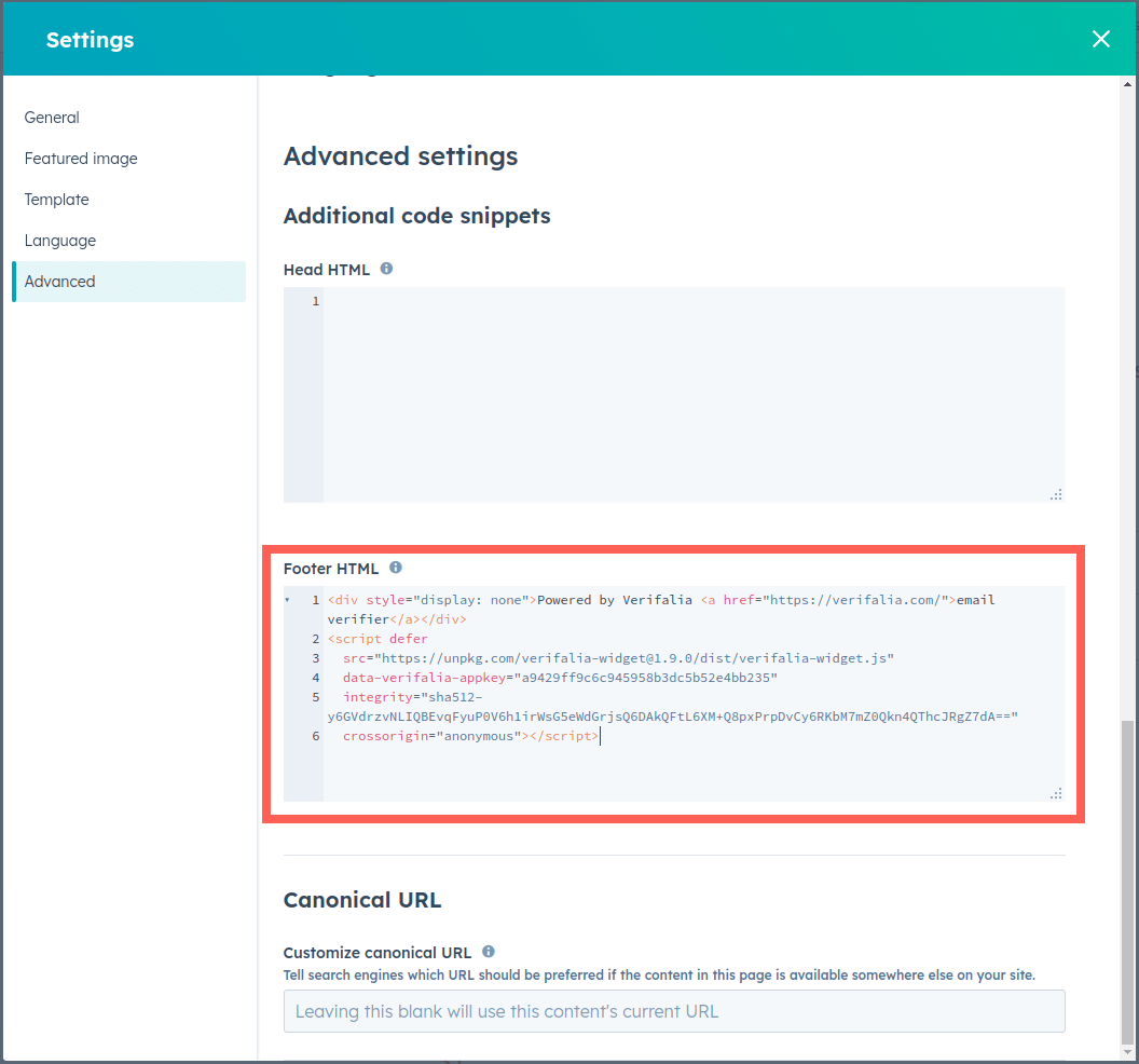 Copy and paste the embedding code for the Verifalia widget into the Footer HTML text area of HubSpot
