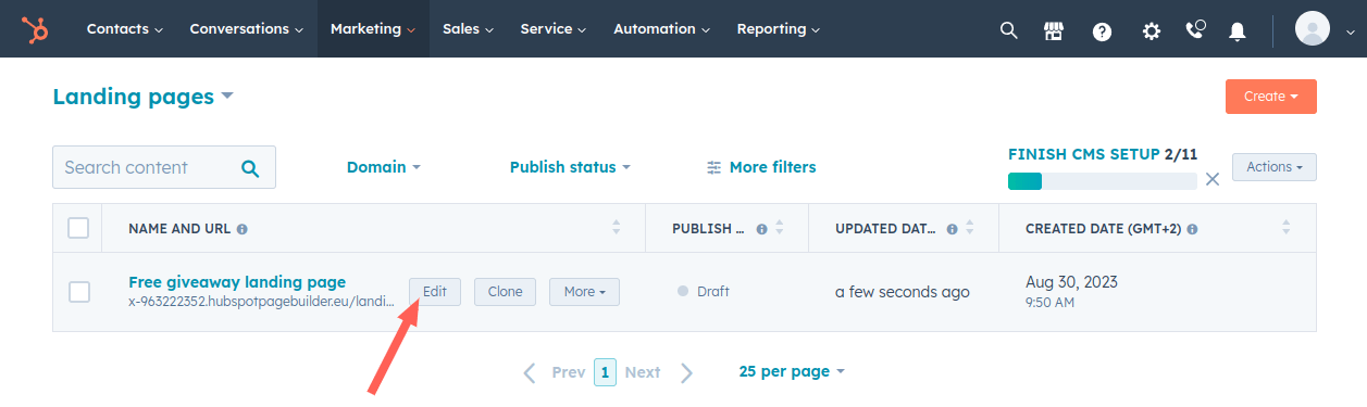 Click the "Edit" button to modify the HubSpot website page or landing page