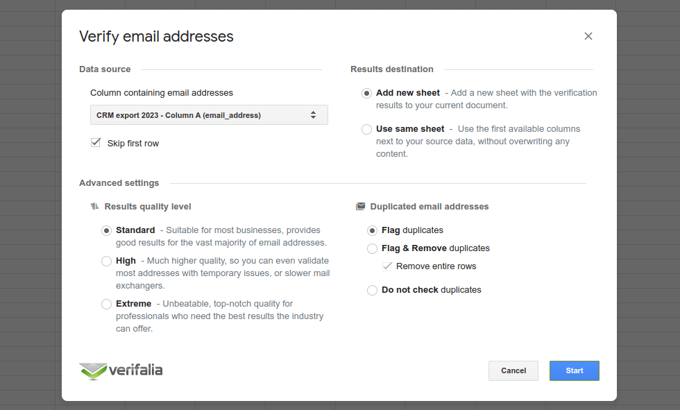 Selection of email verification options within the Verifalia Google Sheets add-on Selection of email verification options within the Verifalia Google Sheets add-on