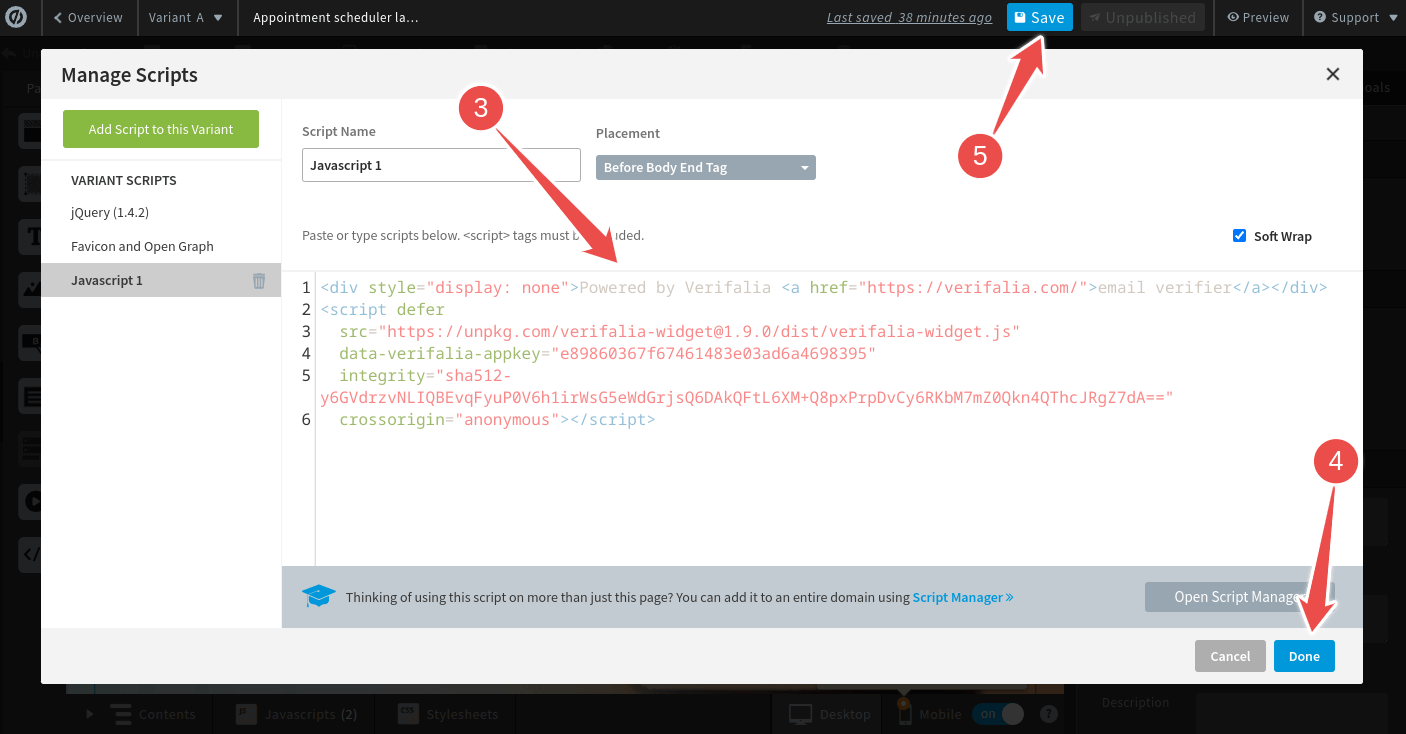 Embed the Verifalia email verification widget into your Unbounce landing page